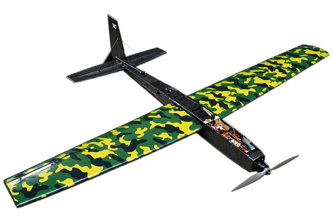 The XO11 2200 mm fixed-wing UAV, with its camouflage wing and dark fuselage